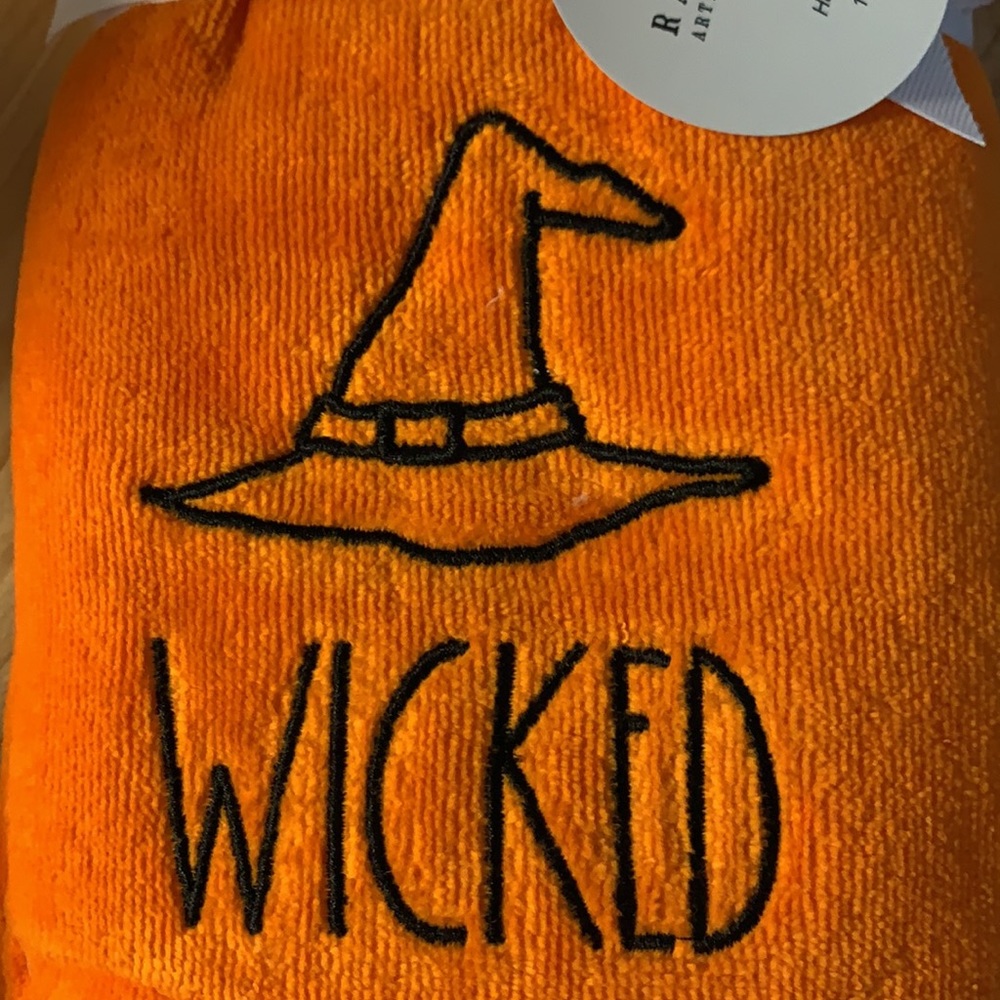 Rae Dunn “WICKED” 2 PC Orange Embroidery Hand Towels - Picture 2 of 7